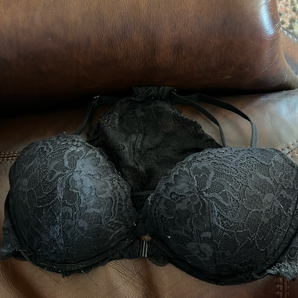 Front color pink brand bra, lace back